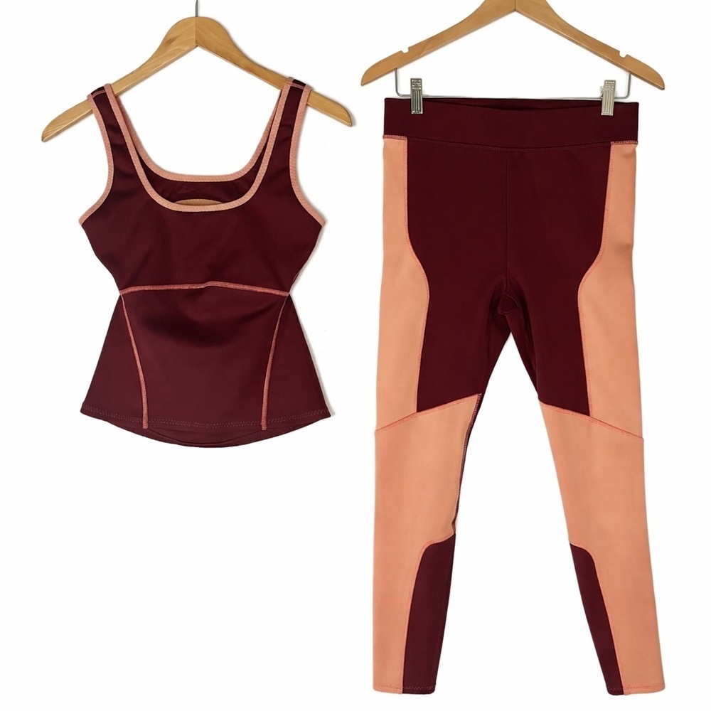 Fabletics Set Maroon and Coral Leggings Set Colorblock Cut Out Cozy Sz Medium